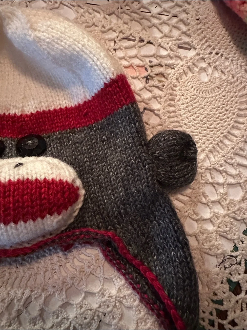 Women’s Grey and Red Sock Monkey Earflap Hat